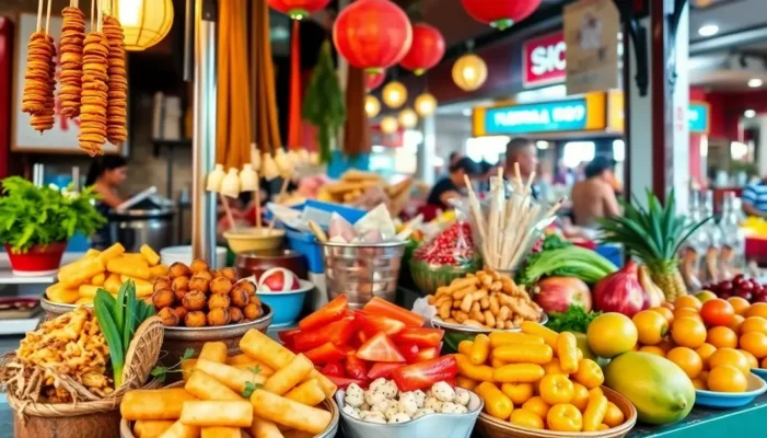 A colorful variety of Asian street foods in a bustling market environment, showcasing diverse culinary experiences.