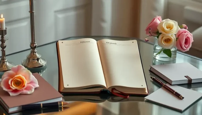 A luxury bullet journal surrounded by sophisticated, elegant accessories on a desk.