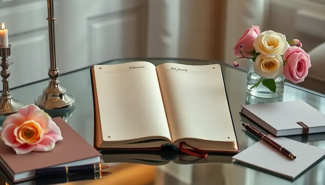 A luxury bullet journal surrounded by sophisticated, elegant accessories on a desk.