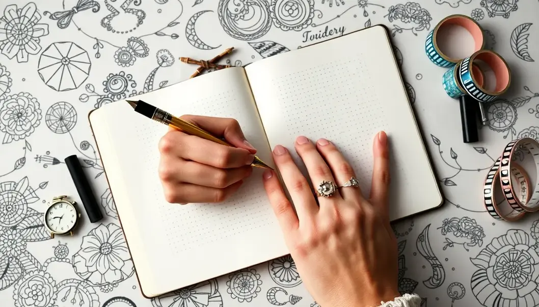 An elegantly crafted bullet journal lies amidst luxurious accompaniments.
