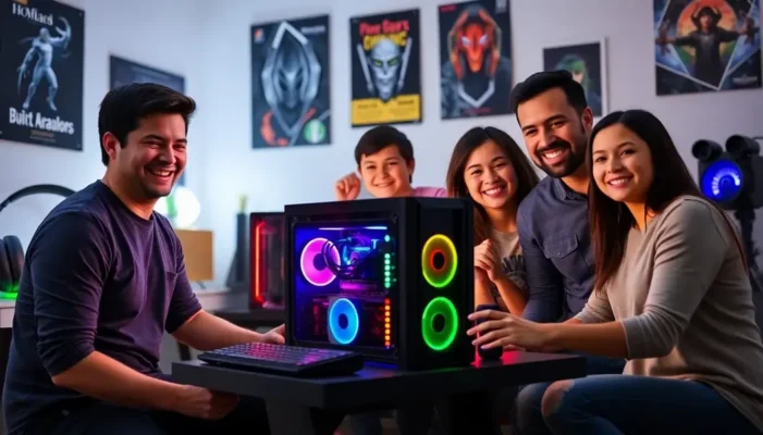 Family around a glowing custom-built gaming PC, celebrating the completion.