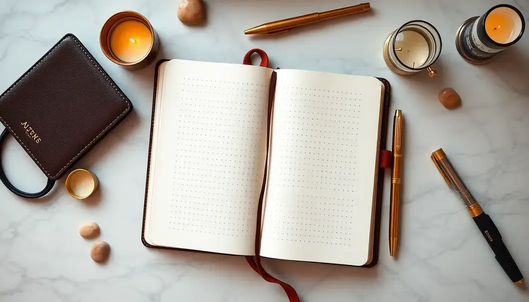 An elegantly crafted bullet journal lies amidst luxurious accompaniments.