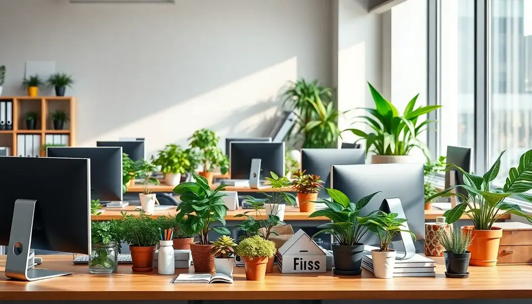 Various office plants placed among typical office settings, creating a lighthearted and inviting environment.